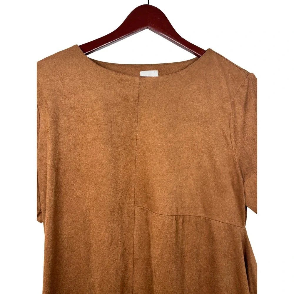 Chico's‎ Women's 1 Brown Suede Angled Asymmetrical Tunic Top Short Sleeve Medium - Picture 3 of 7